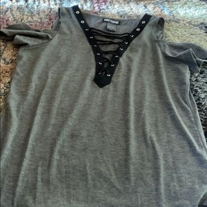 grey lace up cold shoulder tee